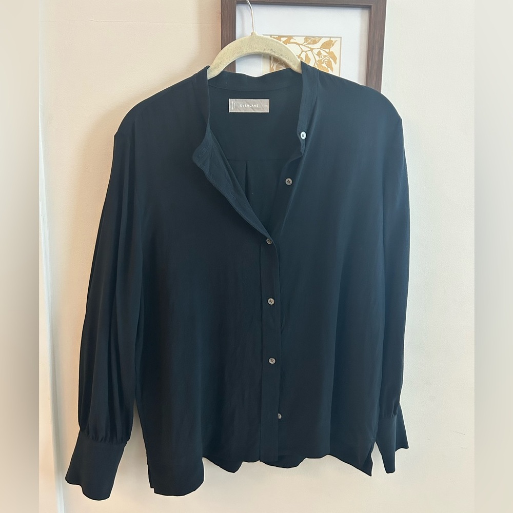Everlane Collarless Silk Blouse Black Size 8
